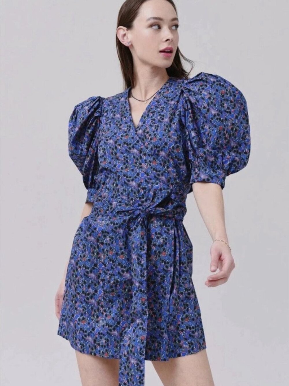 HUNTER BELL Navy Blue Floral Wrap Mini Dress with Puff Sleeves